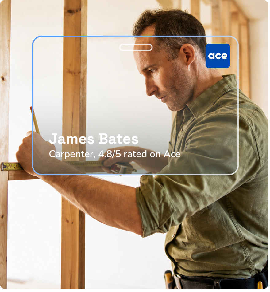 James Bates, a carpenter rated 4.8 out of 5 on Ace Services, measuring a timber frame